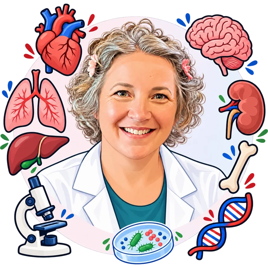 Illustration of Susanna surrounded by a heart, brain, lungs, kidney, liver, bone, microscope, DNA and a petri dish